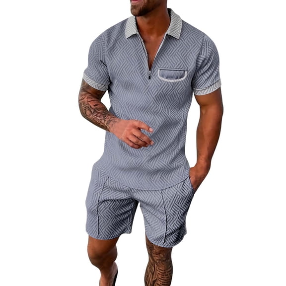FAOWME Men's Summer 2 Piece Set Short Sleeved Lapel Half Zipper Solid Color Top And Shorts Comfortable Fashion Outfits For Casual Daily Wear,L,Grey