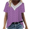 thumbnail image 3 of Zpanxa Summer Tops for Women 2023 Trendy Casual Cap Sleeve Lace Stitching T Shirts Blouse, Loose V Neck Short Sleeve Tee Shirts, Cute Floral Print Boho Summer Tops Purple S, 3 of 7
