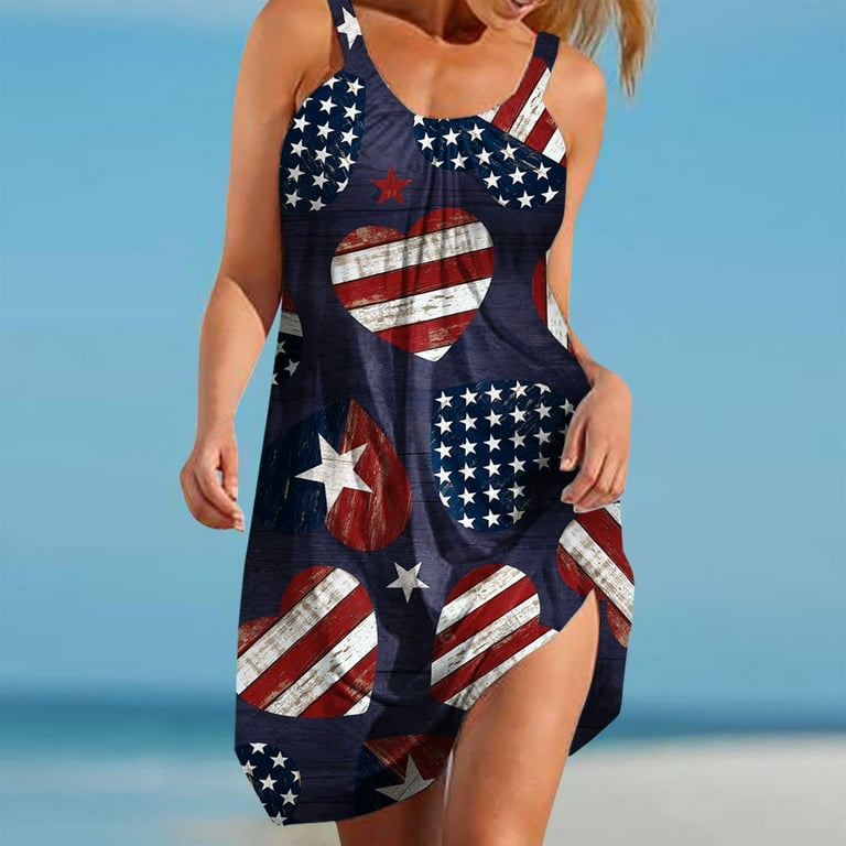 patriotic formal dress Wycnly Formal Dresses for Women 4th of July Fashion Swing Independence Day  Patriotic Strap Dresses Crewneck Sleeveless American Flag Print Summer Mini  Dress Black XL