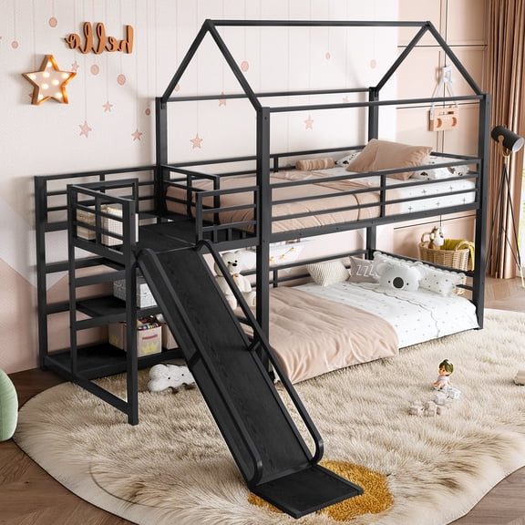 Harper & Bright Designs Twin over Twin Bunk Bed with Storage Stairs, Metal House Bunk Bed Frame with Slide and Guardrails for Boys Girls, Black