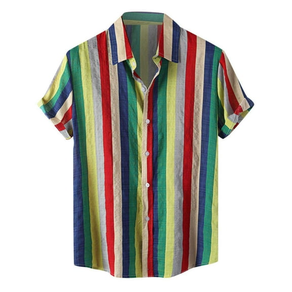 VSSSJ Mens Hawaiian T-Shirts Plus Size Retro Striped Casual Button Down Short Sleeve Collared Tee Top Summer Holiday Beach Shirt Blouse Red L