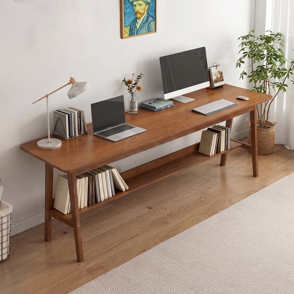 63-Inch Extra Long Computer Workstation with Storage Shelf, Modern 2-Person Desk and Writing Table for Home Office and Study, Walnut