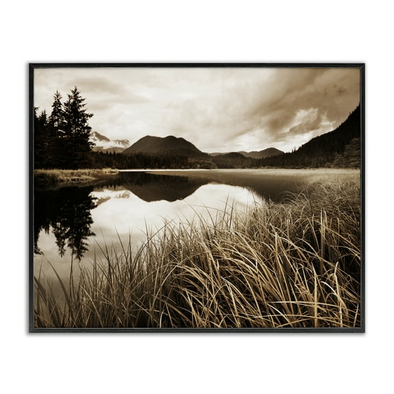 Stupell Industries Sepia Lake Reflection Landscape Photography Black Framed Art Print Wall Art, 14 x 11