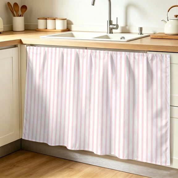 Pink Striped Cabinet Curtain, Modern Stripes Farmhouse Rustic Simple Sink Skirt for Bathroom, Under Sink shelf Curtain Privacy Drape for Kitchen Laundry Room 32x55in