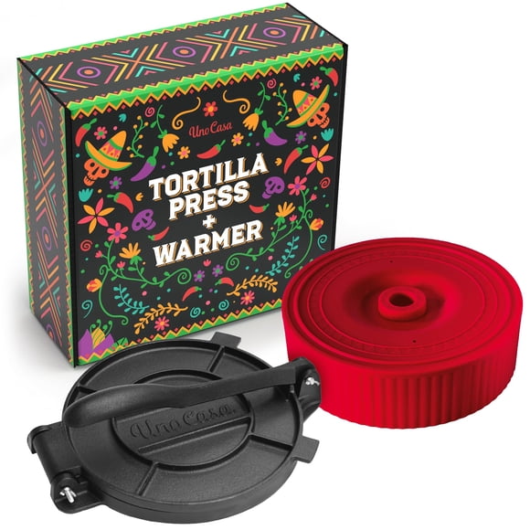 Uno Casa Presse-Tortilla en Fonte 8 Pouces avec Réchauffe-Tortilla - Ensemble de Quesadillas Préassaisonnées, Roti et Pataconera avec Réchauffe-Coquilles de Tacos i
