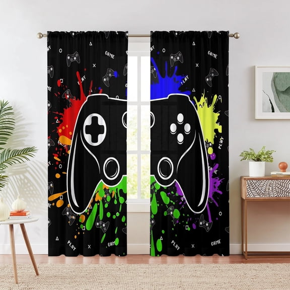 Esports-style colorful splatter game controller pattern curtains, suitable for boys and teens; black game controller pattern, decorating game rooms and teen bedrooms; 42x63 inches.