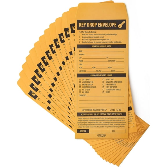 Key Drop Envelopes 100 ct | Auto Repair Night Drop Key Envelopes | Automotive Shop Supplies for Car Service Mechanic