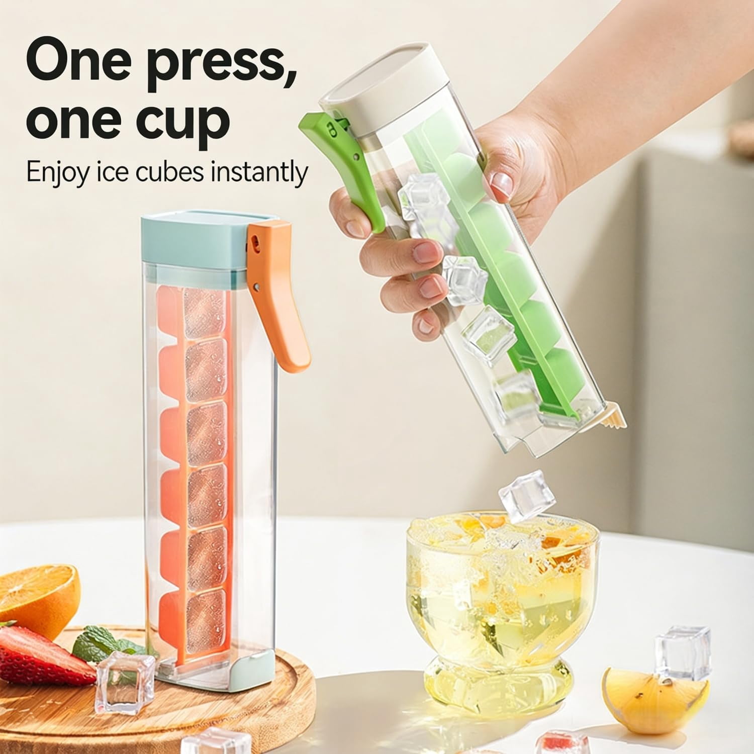 Press Ice Tray Mold，One Glass Ice Cube Maker，Portable Glass Ice Maker With Storage Container， Pop Out Cubes Without，6 Grid Square Ices Tray For Home Kitchen Office Use(Green)