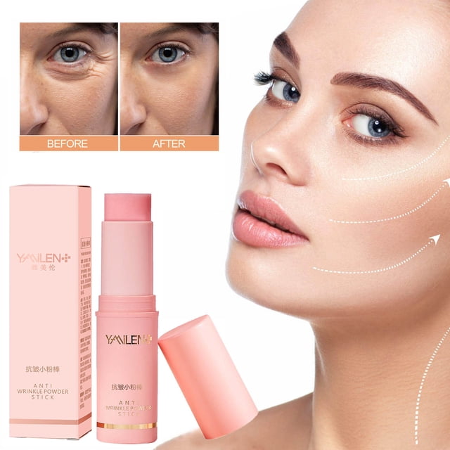 fiudx bálsamo en barra antiarrugas, crema facial potenciadora de colágeno color rosa; barra abierta junto a su caja rosa en vista frontal, modelo en 3/4 perfil con líneas punteadas sobre mejilla y cuello y recuadro before/after del contorno de ojos mostrando reducción de arrugas.