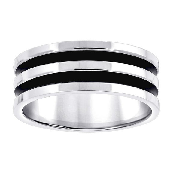 Stainless Steel Mens Two-tone Black Enamel Double Grooved Comfort-fit Fashion Band Ring Size 7 Wedding Band for Men