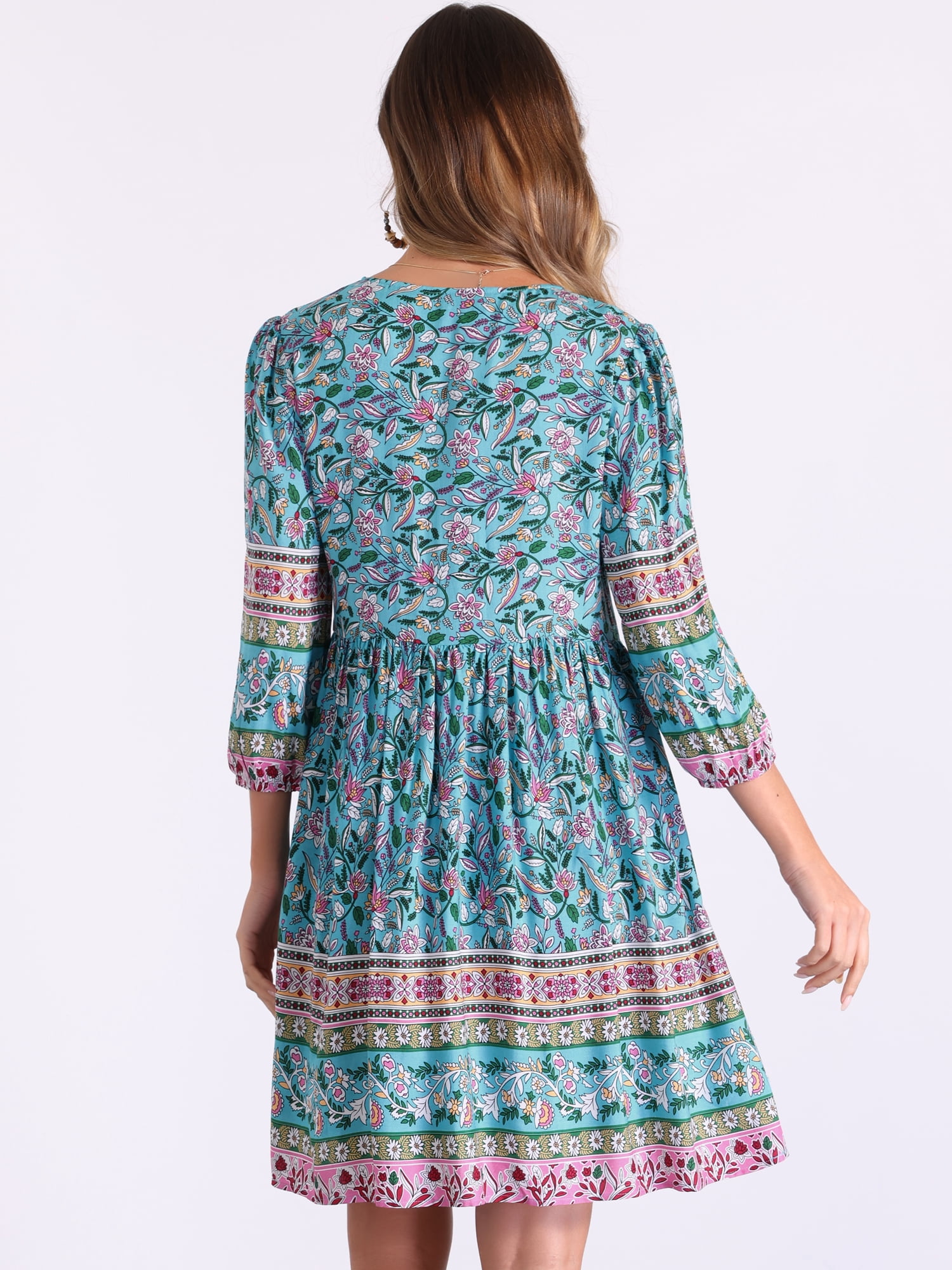 DARING DIVA Boho Floral 3/4 Sleeve Flowy Babydoll Short Dress L Blue