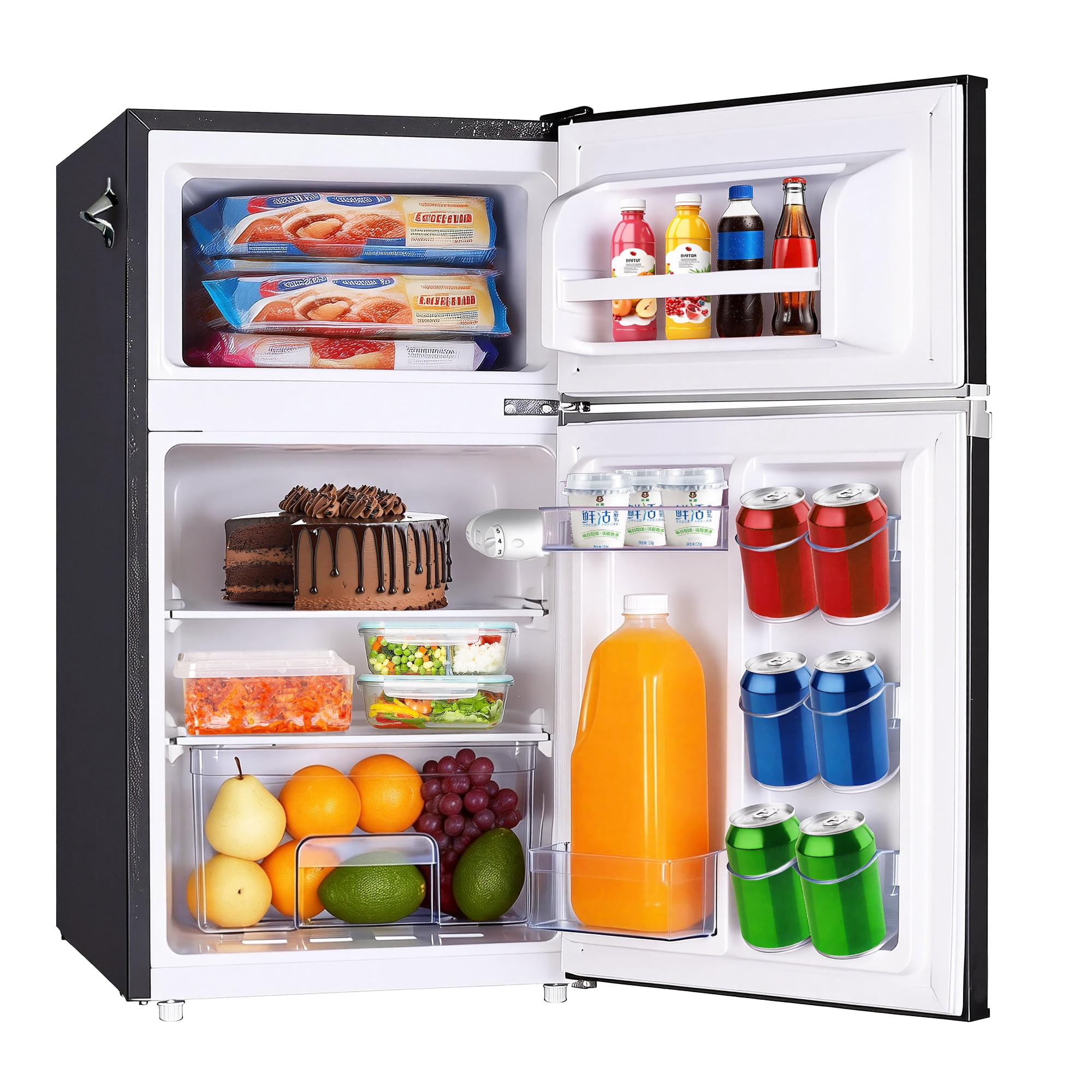 iceBlue 3.2 Cu.Ft Mini Fridge with Freezer, 2-Door Compact Refrigerator, with Bottle opener, Removable Glass Shelves, Adjustable Temperature, Black