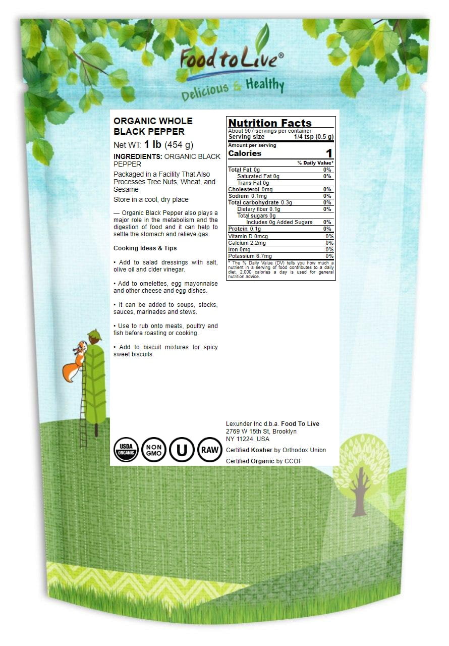 Organic Whole Black Pepper, 1 Pound — Non-GMO, Raw, Vegan, Kosher — by Food to Live