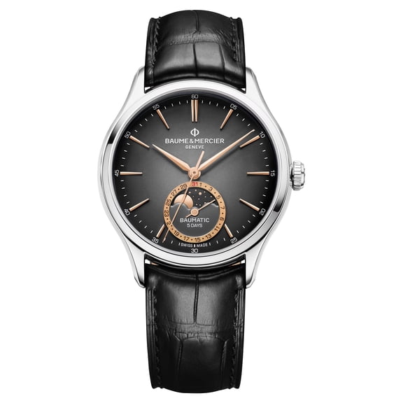 Baume & Mercier Clifton Baumatic Automatic Stainless Steel Gray Dial Black Leather Strap Moonphase Date Mens Watch M0A10758