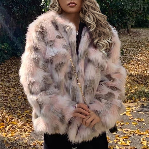 Fartey Womens Faux Fur Coat Dressy Casual Long Sleeve Lapel Jackets Fashion Winter Warm Outerwear Elegant Outdoor Overcoat Pink 2XL