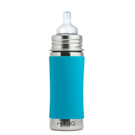 Pura Kiki 11 Oz / 325 Ml Stainless Steel Infant Bottle With Silicone Medium-flow Nipple & Sleeve, Aqua (plastic Free, Nontoxic Certified, Bpa