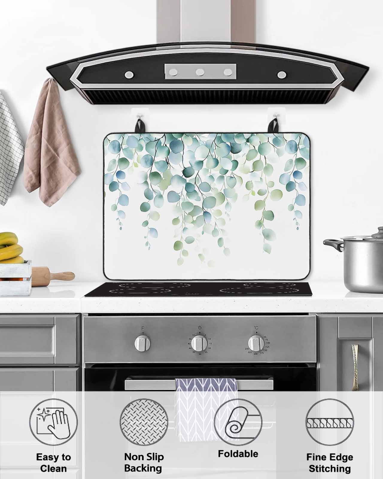 nqOlkjepod Large Induction Cooktop Protector Mat 24"x21", Sage Green Eucalyptus Stove Top Covers for Electric Stove, Watercolor Botanical Leaves Stove Burner Cover Mats, Glass Top Stove Cover