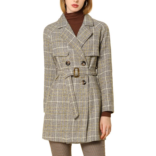 INSPIRE CHIC Women's Raglan Sleeve Belted Plaids Trench Coat