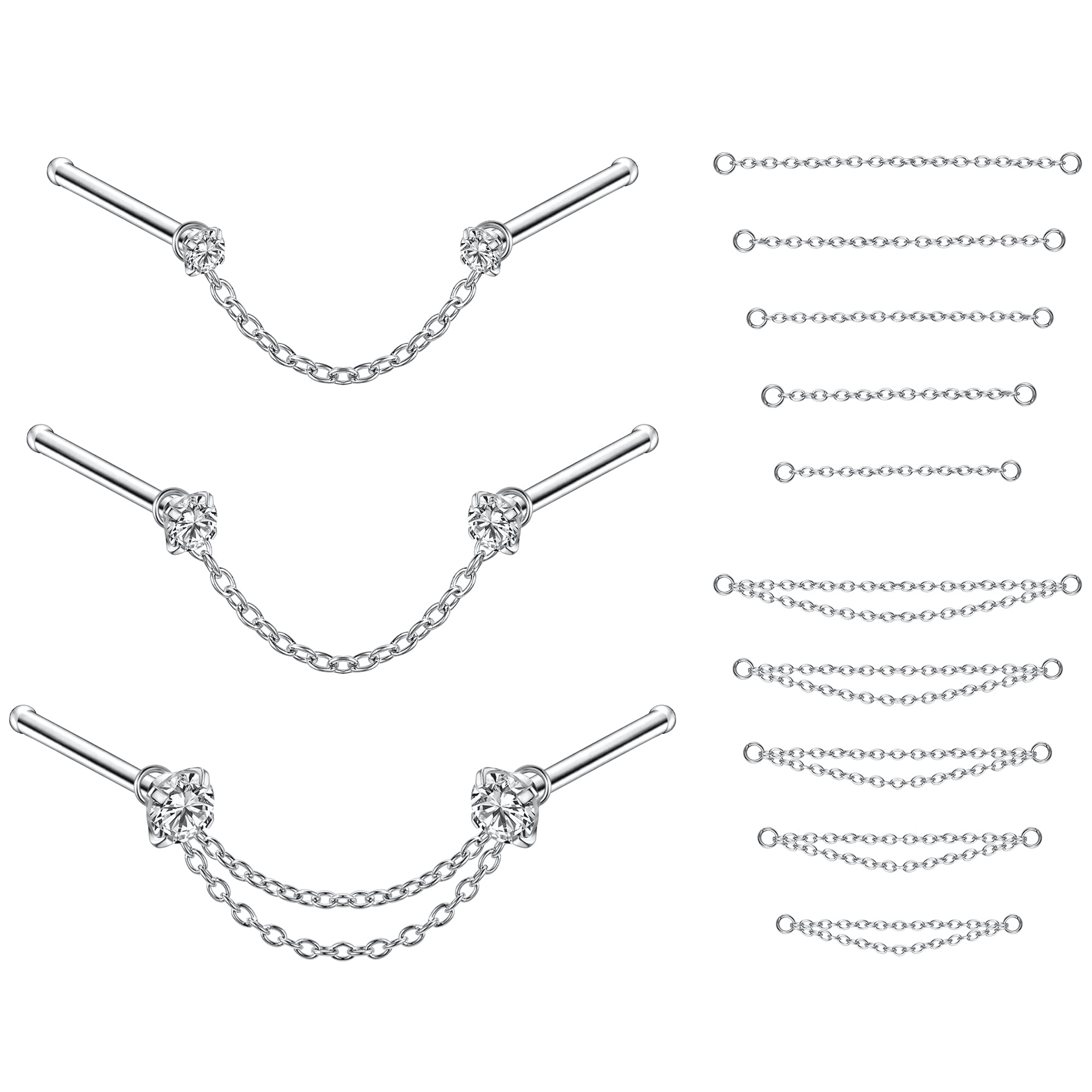 ZS 16Pcs/Set Nose Chain Piercing Across Nose Stud Claw Cubic Zirconia