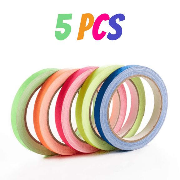 Tape Set - 1/2" x 36' Neon Gaffer Tape, 5 Bright Colors | Dry Erase & Stage Floor Marking | Non-Reflective Pinstripe Tape for Hula Hoops, Theater, Sports