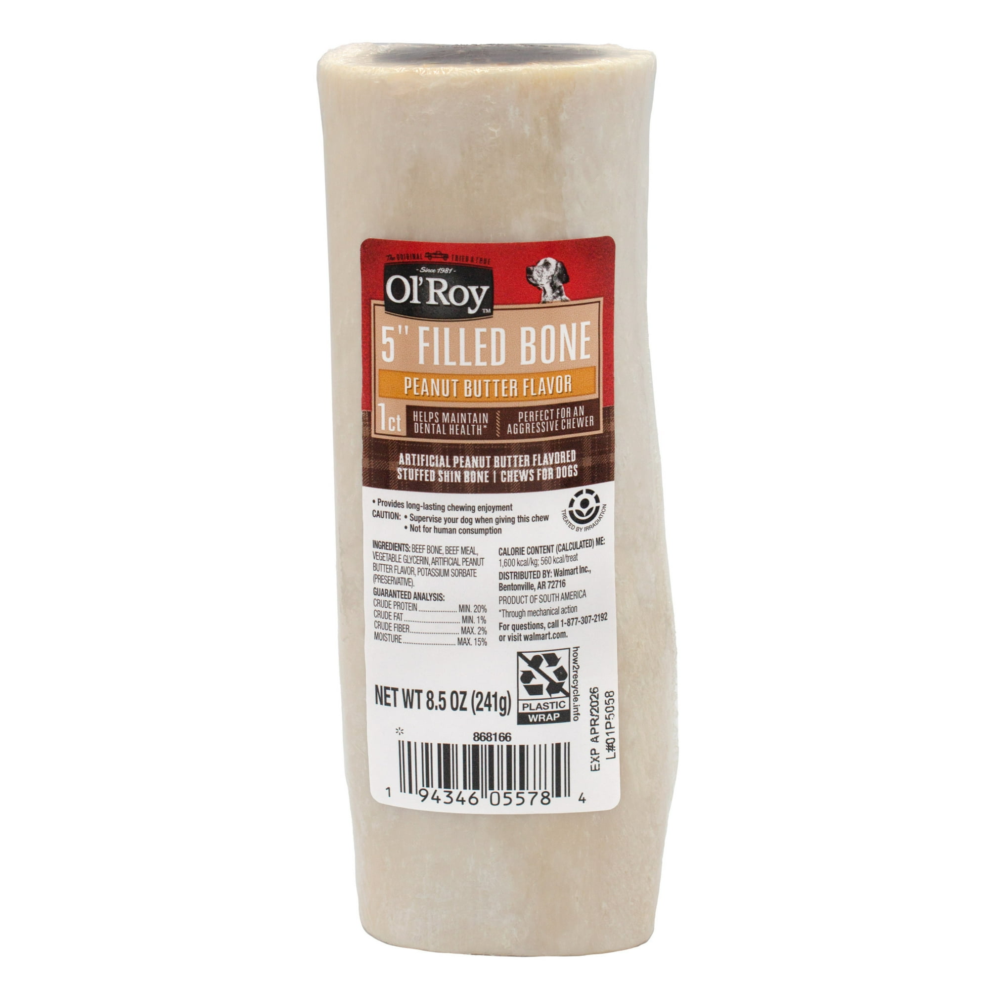 Ol' Roy 5-inch Stuffed Shin Dog Dry Chew Bone, Peanut Butter, 1 Count