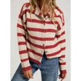 thumbnail image 4 of Women Waist Cinched Long Sleeve Stripe Knitted Cardigan Red S, 4 of 9