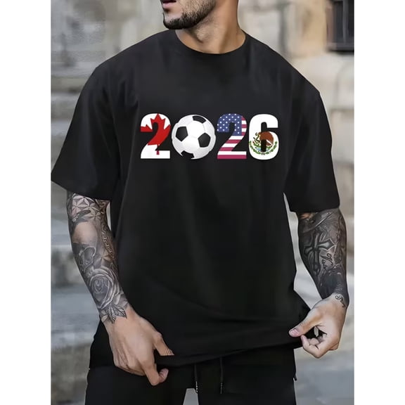 2026 North America Soccer Fan T-Shirt Men's Graphic Tee Featuring USA Canada Mexico Flags and Football Design Retro Sporty Short Sleeve Cotton Blend Top for Soccer Lovers