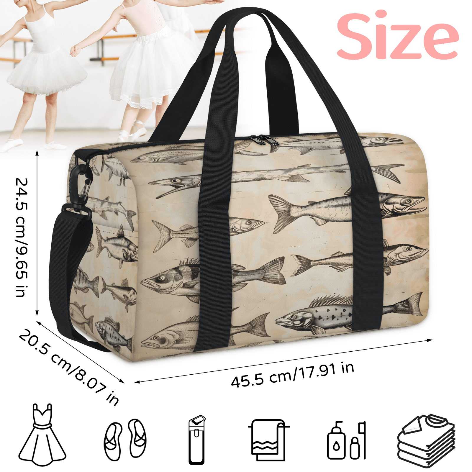 Herdesigns Vintage Fish Gym Bag for Women, Duffle Bag for Travel Sport, Lightweight Waterproof Carry on Weekender Overnight Dance Yoga Workout Bags