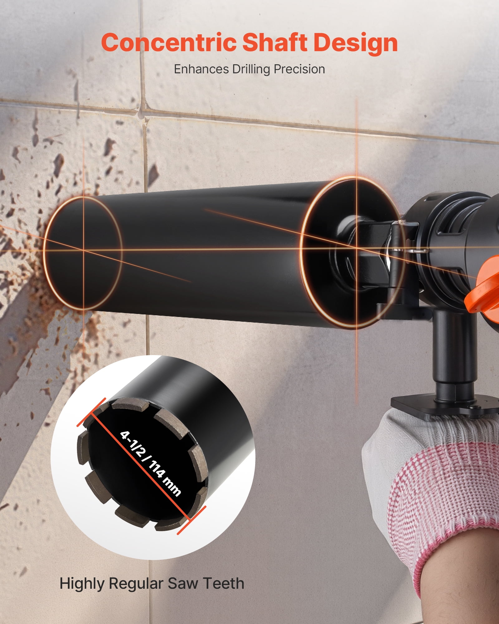 VEVOR Core Drill Bit, 4-1/2 inch Diameter, 14 inch Drilling Depth, 1-1/4 in-7 Internal Thread, High-Precision Welding Technology, Wet Diamond Core Bit for Reinforced Concrete, Bricks, and Masonry