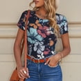 thumbnail image 6 of KLL Women 's Crew Neck Bodysuit Jumpsuits Flowers ad Butterflies Print Short onesies Stretch T Shirts, 6 of 7