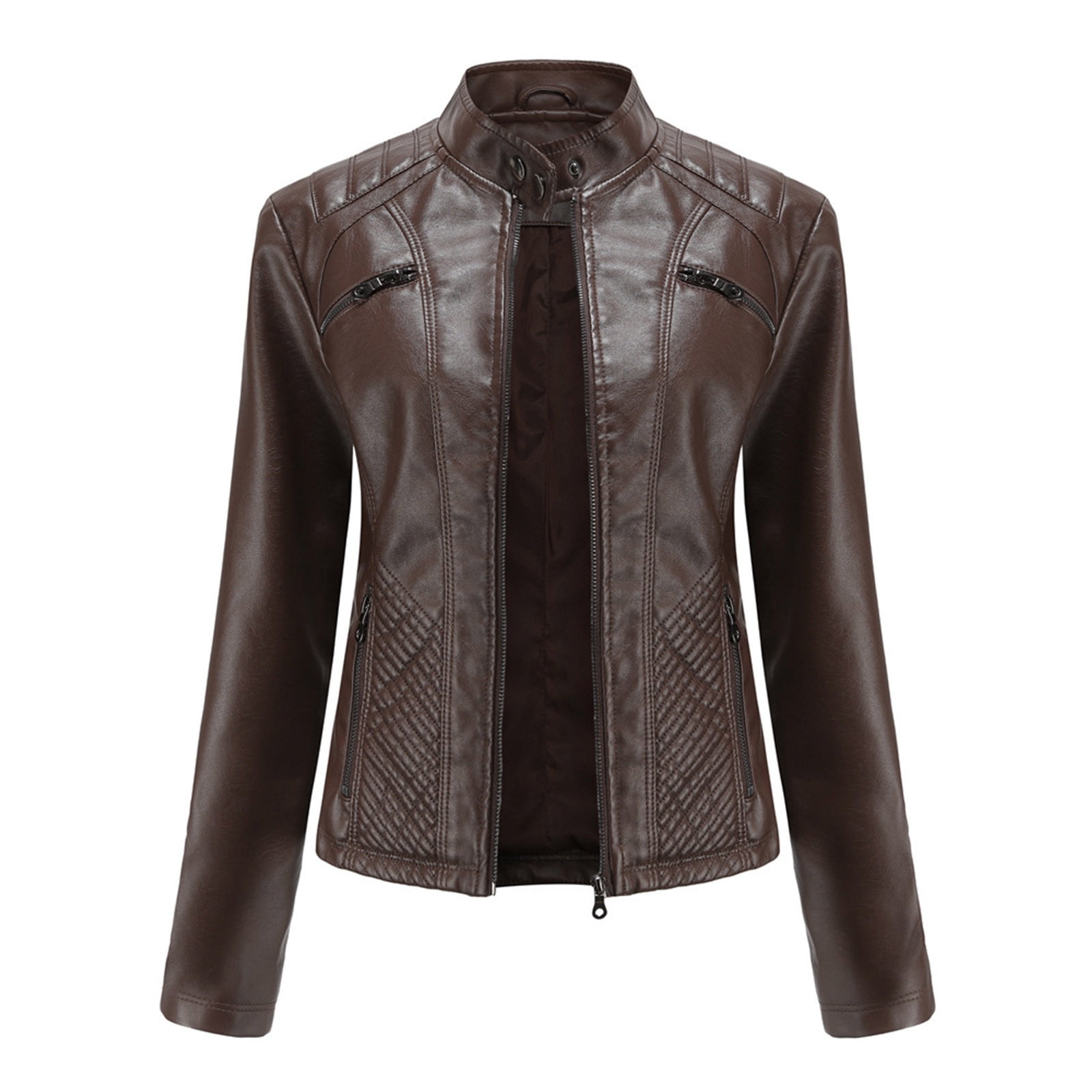 Miluxas Women's Faux Leather Classic Asymmetrical Motorcycle Jacket (Standard & Plus Sizes) Coffee 12(XXL)
