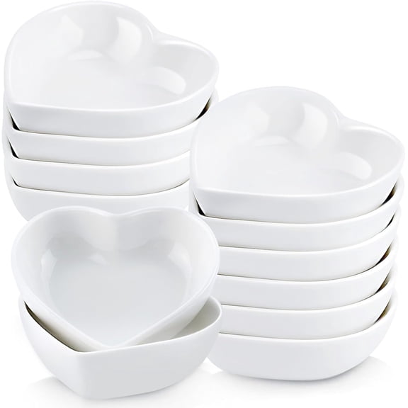 12 PCS Ceramic Heart Shaped Dipping Bowls, Mini Soy Sauce Dish, Porcelain Side Dishes for Dinner Wedding Sushi Candy, Multipurpose Seasoning Dishes Serving Dishes, White