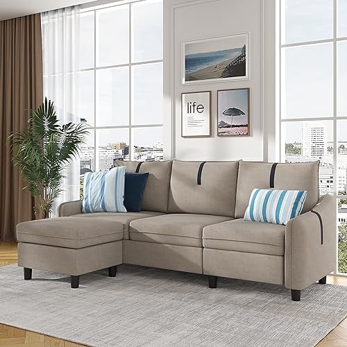 Jarenie 80" Convertible Sectional Sofa, 3-Seat L Shaped Couch with Ottoman, Modern Linen Upholstered Sofa Couches for Living Room, Apartment and Small Spaces, Beige