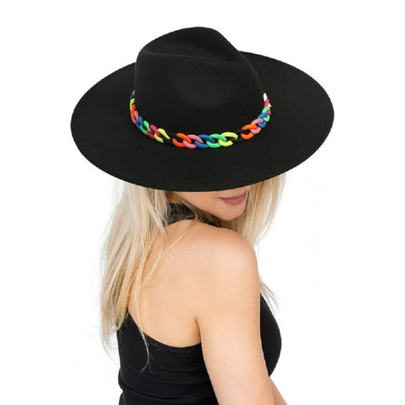 2Chique Boutique Women's Black Wide Brim Rancher Hat with Multicolor Chain Link