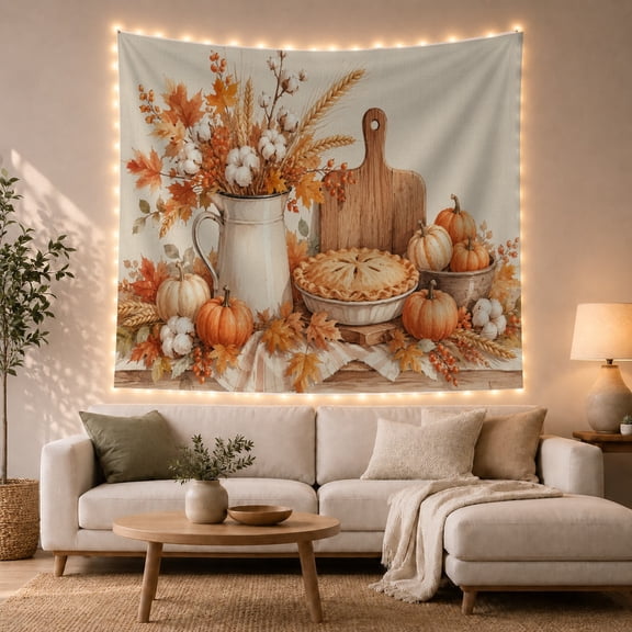 Harvest Pie Among Pumpkins and Wheat, Cozy Farmhouse for Food Lovers, Autumn Kitchen Wall Art, Thanksgiving Hostess Gift, Tapestry Wall Hanging for Kitchen and Dining Room
