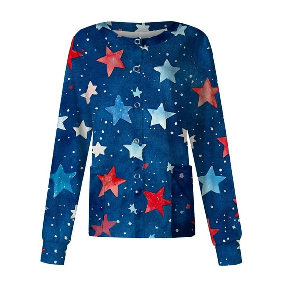 SAATLERI Patriotic Medical Scrub Jackets for Women 4th of July Flag Print Scrub Top Lightweight Independence Day Nursing Uniform Healthcare Workwear with Pockets