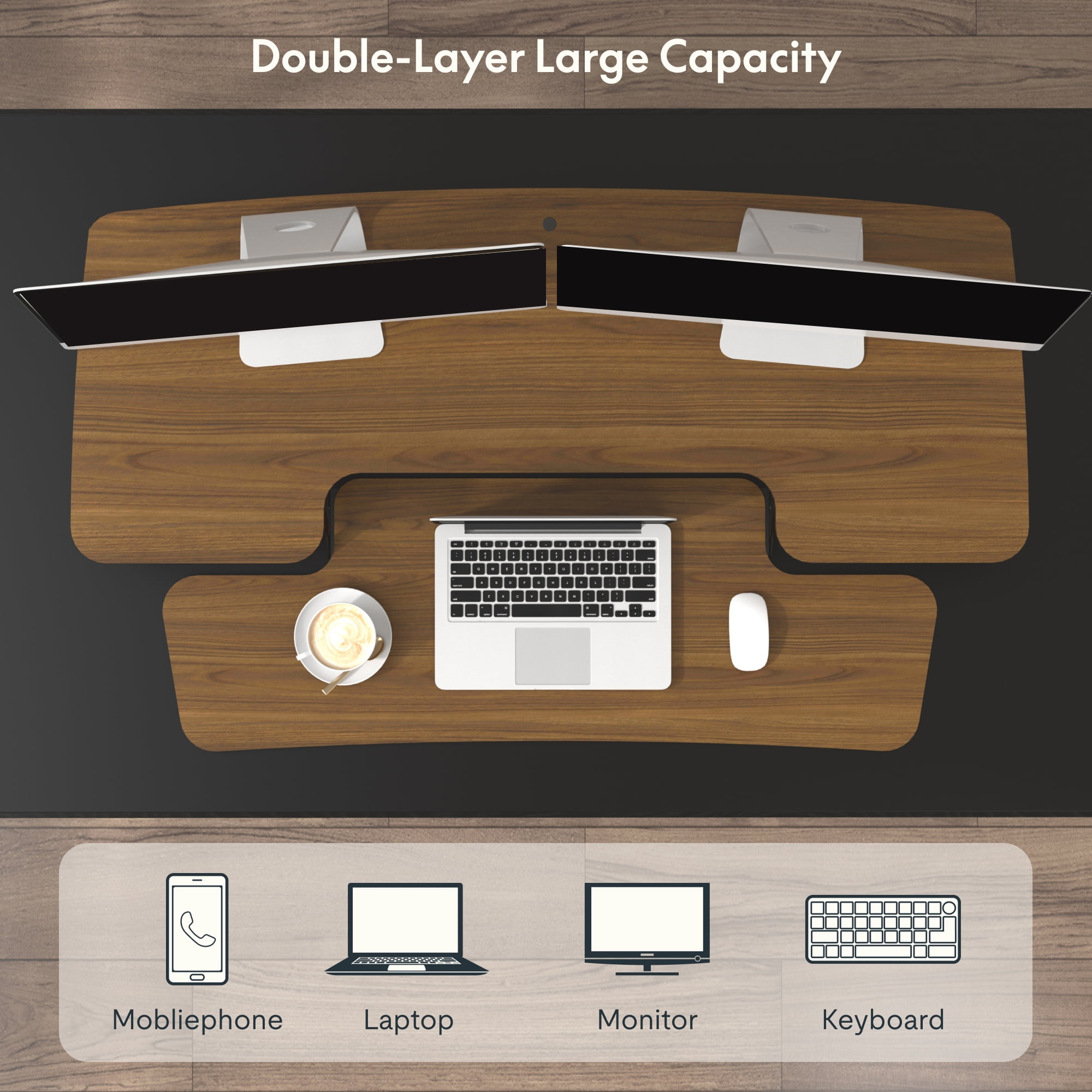 FitStand Home Office Height Adjustable Standing Desk Converter Walnut 42" U-Shape with Keyboard Tray