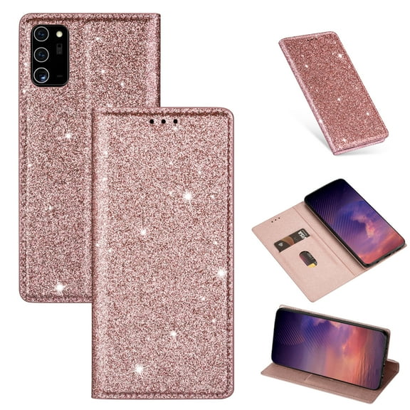 Allytech Wallet Case for Galaxy Note 20, Slim Shell PU Leather Folding Stand Glitter Bling Case Folio Flip Full Protection Cards Slots Wallet Case Cover for Galaxy Note 20, Rosegold