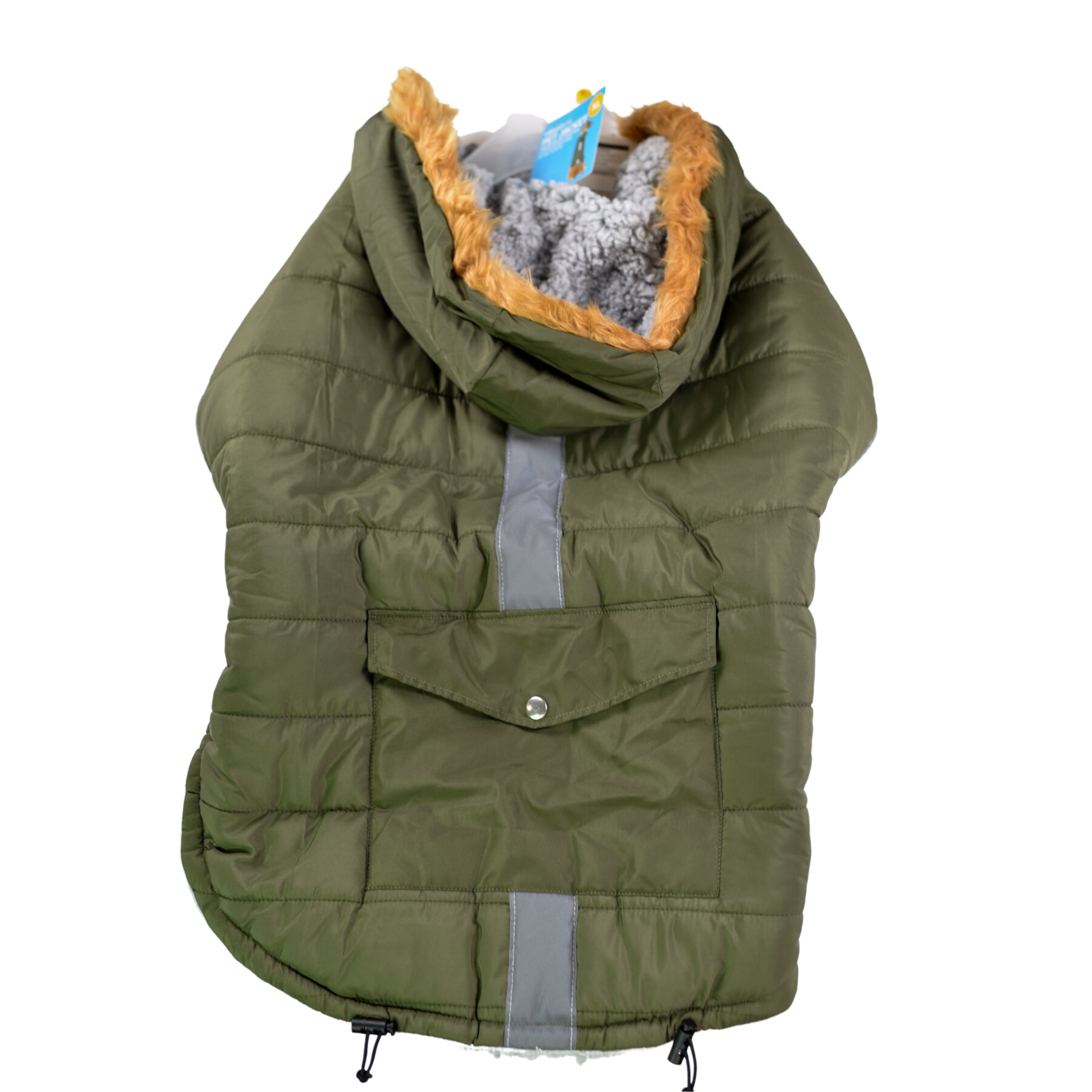 Vibrant Life Dog Clothes: Green Reflective Puffer Jacket with Faux Fur Trimmed Hood, XL