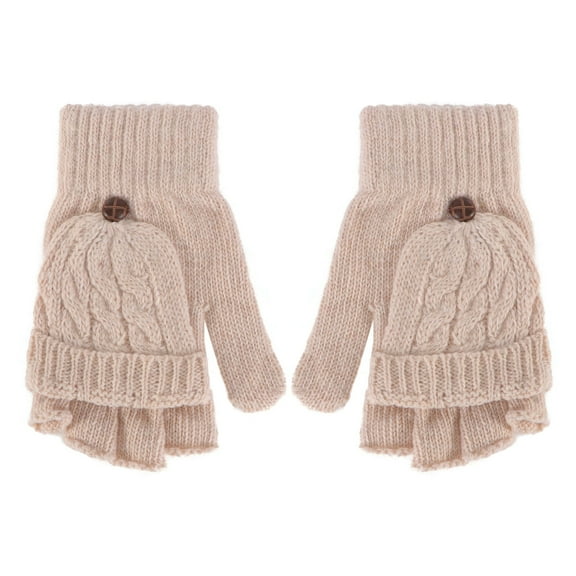 LOLIPPYY Women’s Winter Wool Knitted Convertible Fingerless Gloves with Mitten Cover - Warm Beige