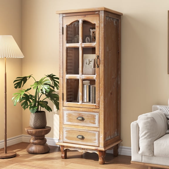 AENKYO 54" Rustic Wood Cabinet with Tempered Glass Door & 2 Drawers, Farmhouse Display Accent Chest, Natural Wood