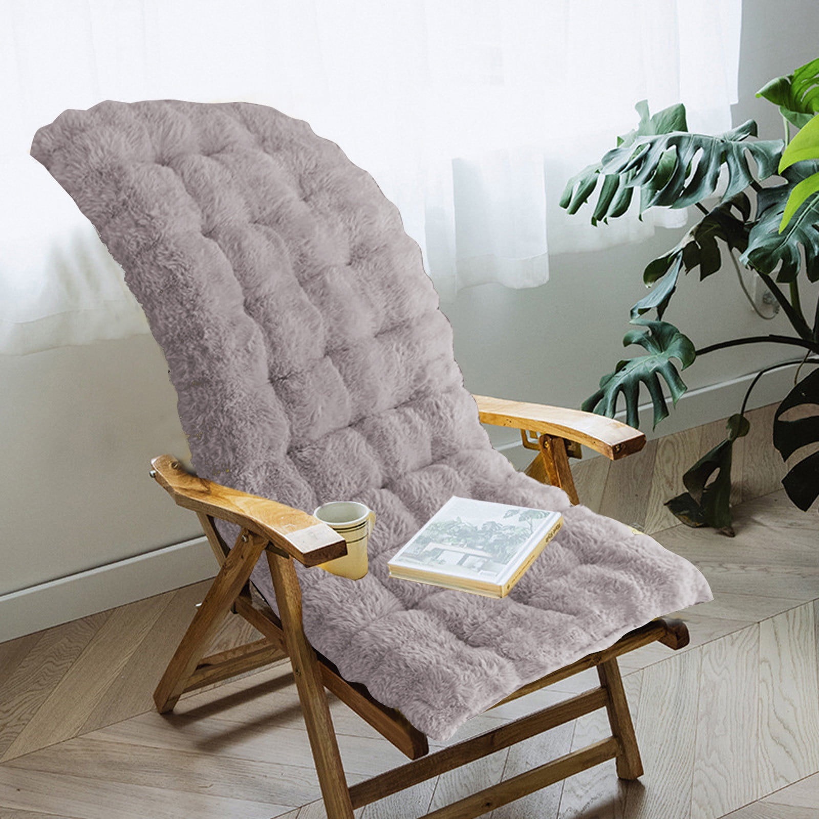 Kugisaki Long Pile Chair Cushion Thickened Double Sided Foldable, Winter Warm Soft Thick Home Office Sofa Chair with Lumbar Support Cushion and No-slip Backing, 17.7x33.5In