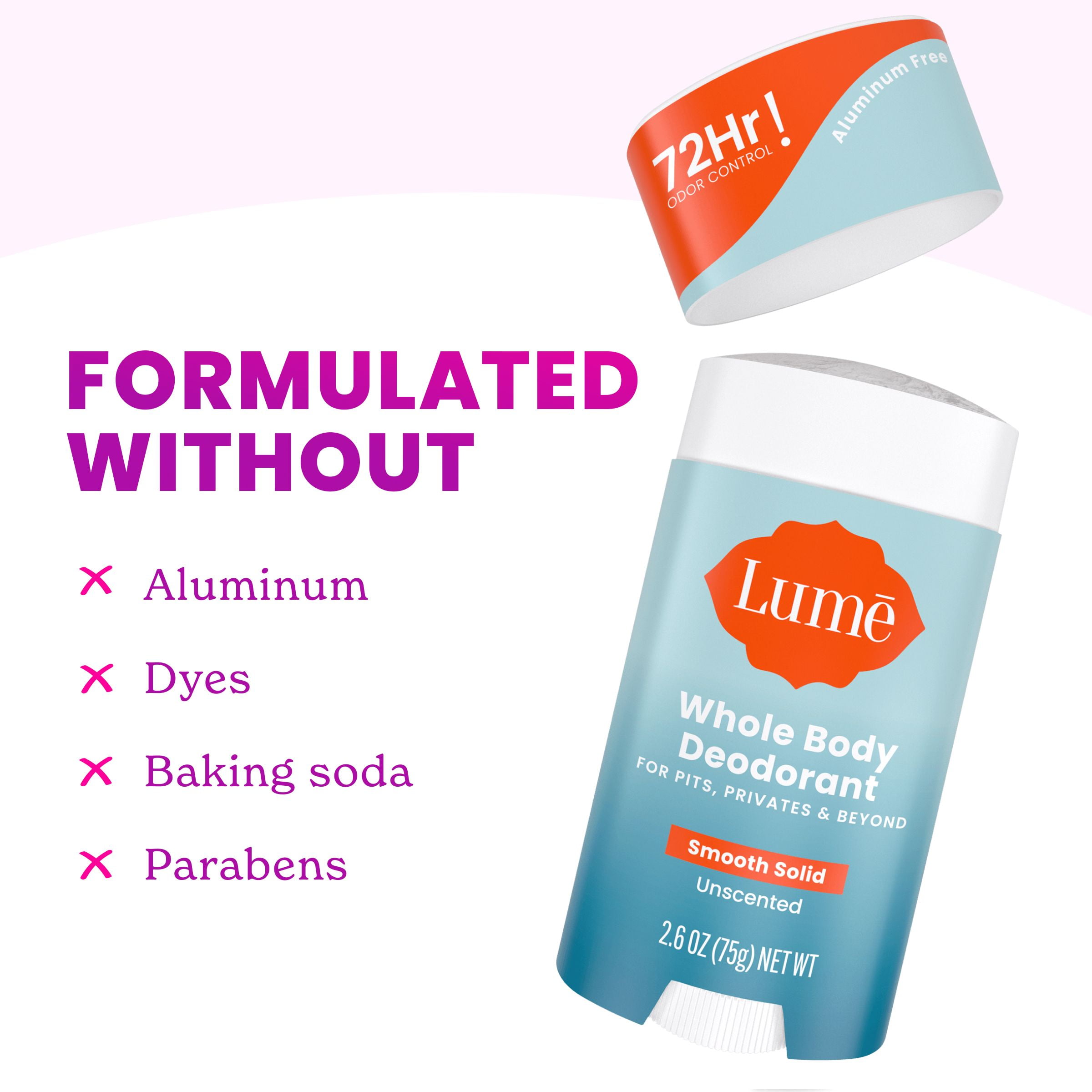 (2 pack) Lume Whole Body Women's Deodorant - Smooth Solid Stick - Aluminum Free - Unscented - 2.6oz