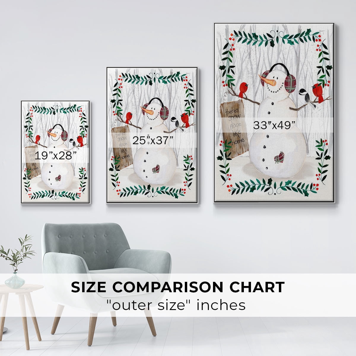 Folk Snowman Forest II - Framed Gallery Wrapped Holiday Canvas - 25 x 37 - White Frame