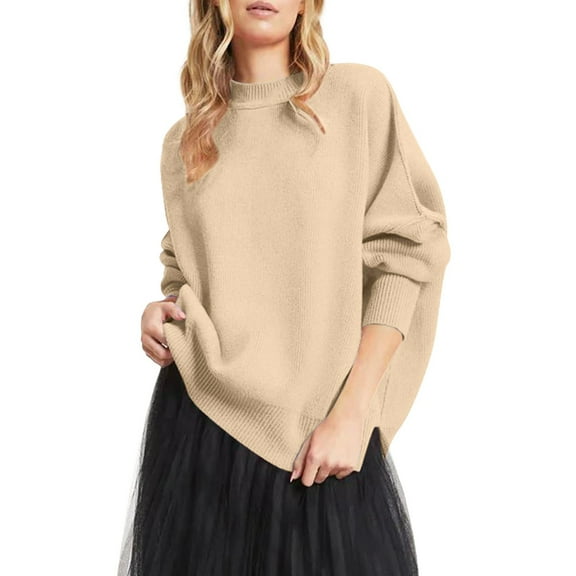 Duoif Sweaters for Women Trendy Women's Round Neck Batwing Sleeve Oversized Side Slit Ribbed Pullover Sweater Top Women's Sweaters Womens Tops Khaki M