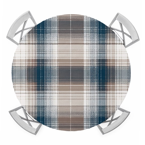 Blue Brown Plaid Round Tablecloth for 45-54 Inch Tables,Fitted Table Cover with Elastic Edge,Modern Abstract Striped Gingham Checked Waterproof Outdoor Table Cloth Protector for Patio Garden Dinner