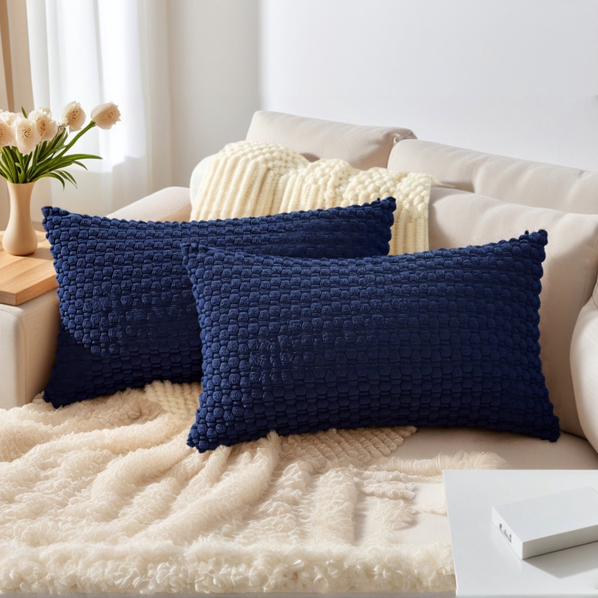 Unique Bargains Corduroy Throw Pillow Covers Set of 2 Dark Blue 20" x 12"