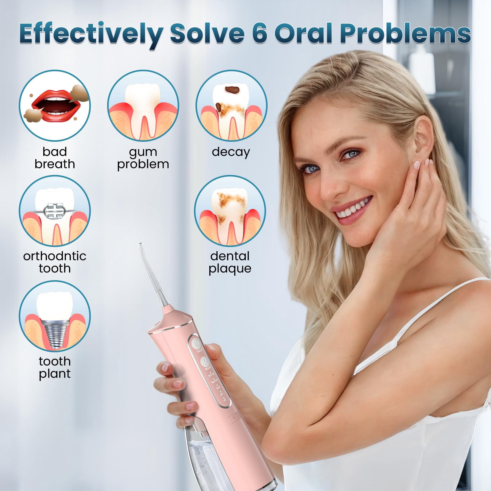 OasiSmile Water Flosser for Teeth Cleaning, Portable Cordless Dental Floss 300ML Rechargeable Oral Irrigator with 5 Jet Tips for Home Travel Office, Pink