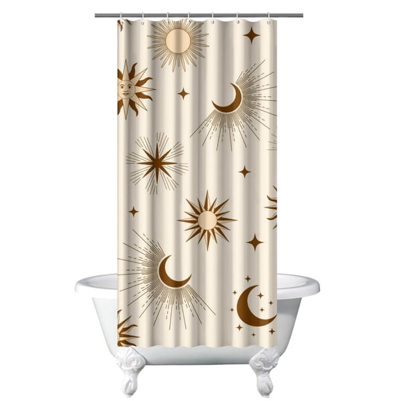 Spiritual Celestial Shower Curtain Gothic Moon Sun Print Design, Cosmic Star Night Waterproof Fabric with Hooks, Mystical Witchy Astrology Aesthetic for Airbnb, Hotel, or Home