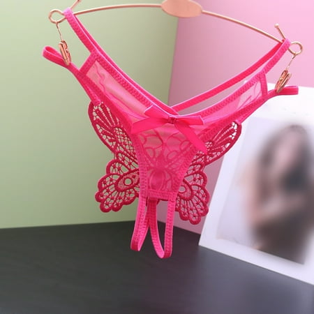 Pavied Thongs for Women Seamless Underwear Women Low Waist Traceless Mesh Embroidered Big Butterfly Open End Thong Cheeky Underwear No Show Underwear Hot Pink One Size